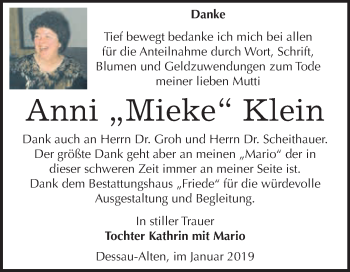 Traueranzeige von Anni Klein von WVG - Wochenspiegel Dessau / Köthen