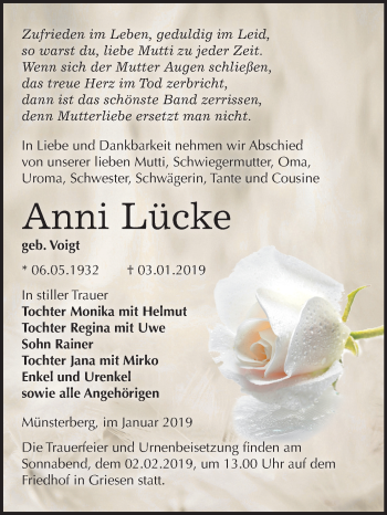 Traueranzeige von Anni Lücke von Mitteldeutsche Zeitung