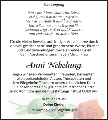 Traueranzeige von Anni Nebelung von WVG - Wochenspiegel NMB / WSF / ZTZ