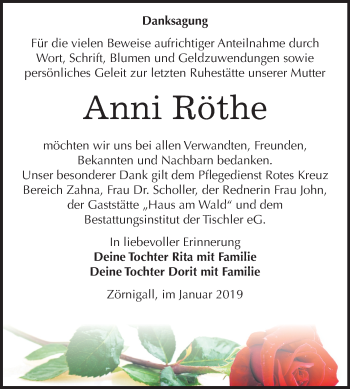 Traueranzeige von Anni Röthe von Mitteldeutsche Zeitung
