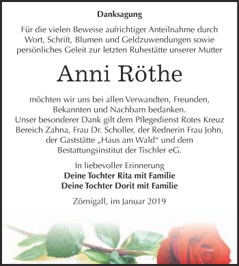 Traueranzeige von Anni Röthe von WVG - Wochenspiegel Wittenberg