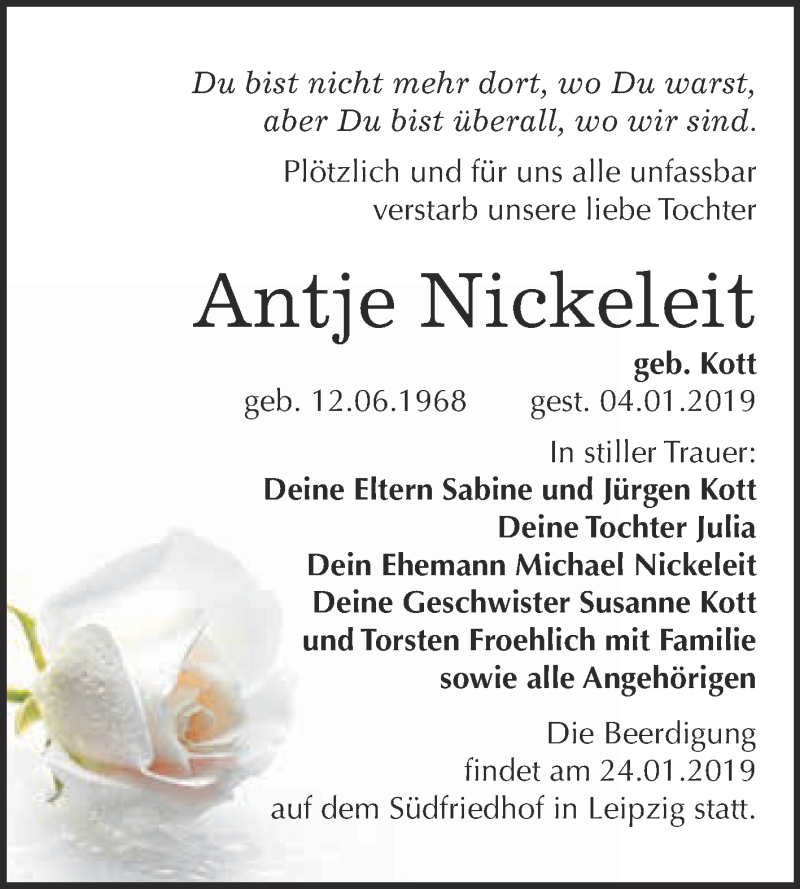  Traueranzeige für Antje Nickeleit vom 16.01.2019 aus WVG - Wochenspiegel Bitterfeld