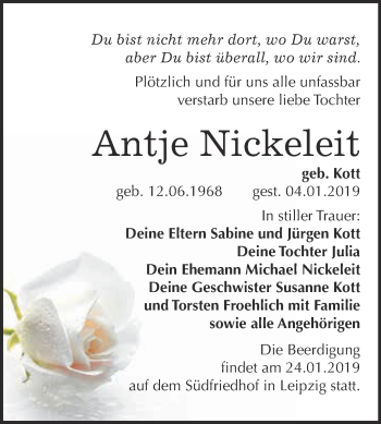 Traueranzeige von Antje Nickeleit von WVG - Wochenspiegel Bitterfeld