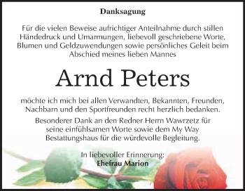 Traueranzeige von Arnd Peters von WVG - Wochenspiegel NMB / WSF / ZTZ