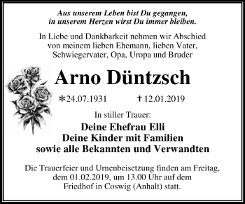 Traueranzeige von Arno Düntzsch von WVG - Wochenspiegel Dessau / Köthen