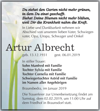 Traueranzeige von Artur Albrecht von WVG - Wochenspiegel Merseburg