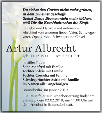 Traueranzeige von Artur Albrecht von Mitteldeutsche Zeitung Merseburg/Querfurt