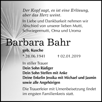 Traueranzeige von Barbara Bahr von Mitteldeutsche Zeitung Bitterfeld