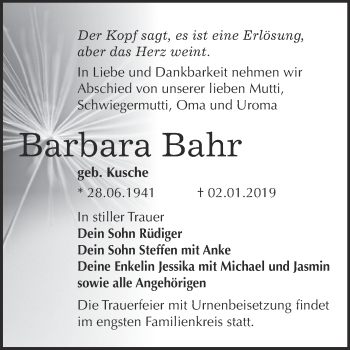 Traueranzeige von Barbara Bahr von WVG - Wochenspiegel Bitterfeld
