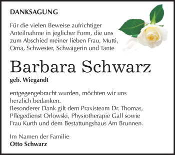 Traueranzeige von Barbara Schwarz von Mitteldeutsche Zeitung