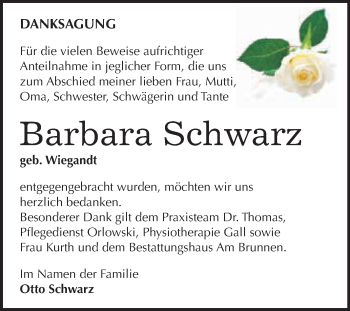 Traueranzeige von Barbara Schwarz von Super Sonntag SGH Mansf. Land