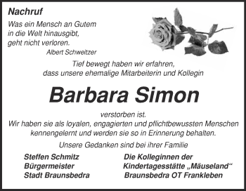 Traueranzeige von Barbara Simon von Super Sonntag Merseburg