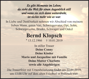 Traueranzeige von Bernd Klopsch von Mitteldeutsche Zeitung Bitterfeld