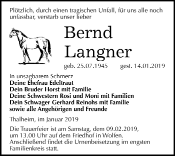 Traueranzeige von Bernd Langner von Mitteldeutsche Zeitung Bitterfeld