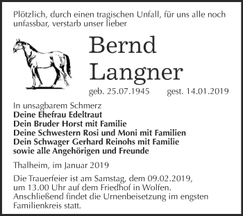 Traueranzeige von Bernd Langner von WVG - Wochenspiegel Bitterfeld