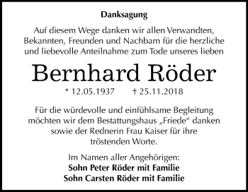 Traueranzeige von Bernhard Röder von Mitteldeutsche Zeitung Dessau-Roßlau