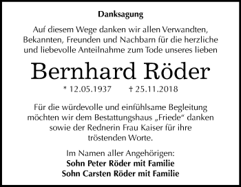 Traueranzeige von Bernhard Röder von WVG - Wochenspiegel Dessau / Köthen