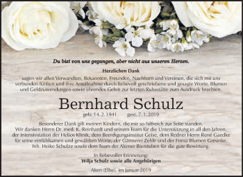 Traueranzeige von Bernhard Schulz von WVG - Wochenspiegel Dessau / Köthen