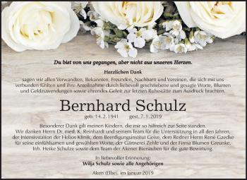 Traueranzeige von Bernhard Schulz von Mitteldeutsche Zeitung Köthen