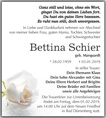 Traueranzeige von Bettina Schier von Super Sonntag Merseburg