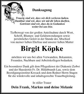 Traueranzeige von Birgit Köpke von Mitteldeutsche Zeitung Dessau-Roßlau