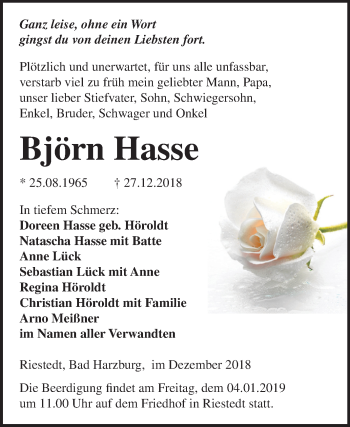 Traueranzeige von Björn Hasse von Mitteldeutsche Zeitung Sangerhausen