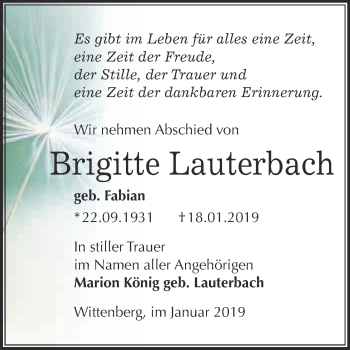 Traueranzeige von Brigitte Lauterbach von WVG - Wochenspiegel Wittenberg