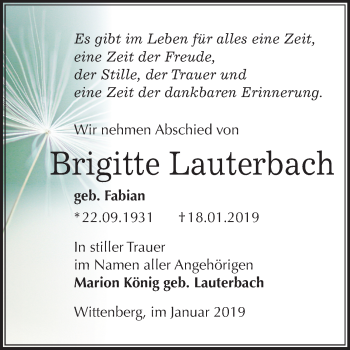 Traueranzeige von Brigitte Lauterbach von Mitteldeutsche Zeitung