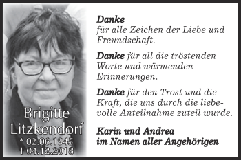 Traueranzeige von Brigitte Litzkendorf von WVG - Wochenspiegel NMB / WSF / ZTZ