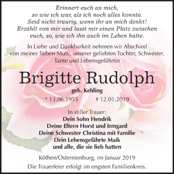 Traueranzeige von Brigitte Rudolph von Mitteldeutsche Zeitung Köthen
