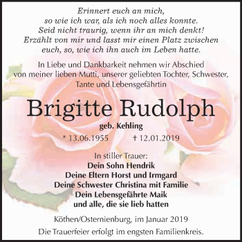Traueranzeige von Brigitte Rudolph von WVG - Wochenspiegel Dessau / Köthen