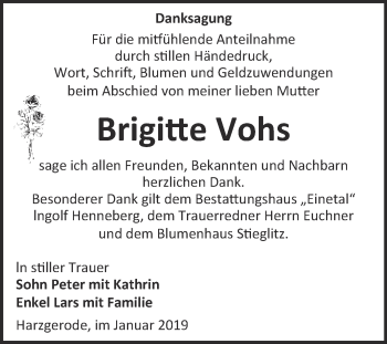 Traueranzeige von Brigitte Vohs von Super Sonntag Quedlinburg