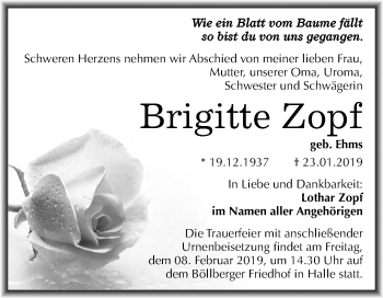 Traueranzeige von Brigitte Zopf von Mitteldeutsche Zeitung Halle/Saalkreis