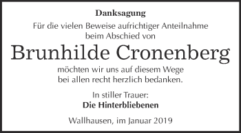 Traueranzeige von Brunhilde Cronenberg von Super Sonntag SGH Mansf. Land