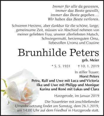 Traueranzeige von Brunhilde Peters von Mitteldeutsche Zeitung Quedlinburg