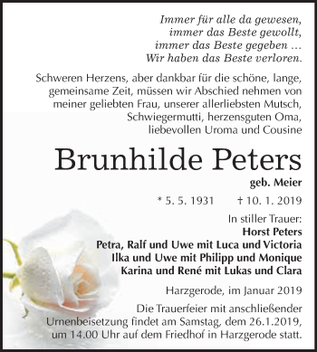 Traueranzeige von Brunhilde Peters von WVG - Wochenspiegel Quedlinburg