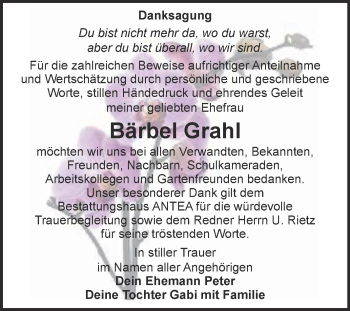 Traueranzeige von Bärbel Grahl von WVG - Wochenspiegel Dessau / Köthen