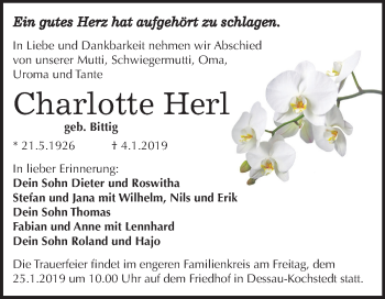 Traueranzeige von Charlotte Herl von Mitteldeutsche Zeitung Dessau-Roßlau