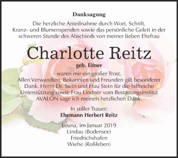 Traueranzeige von Charlotte Reitz von WVG - Wochenspiegel Merseburg