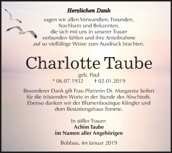 Traueranzeige von Charlotte Taube von Mitteldeutsche Zeitung Bitterfeld