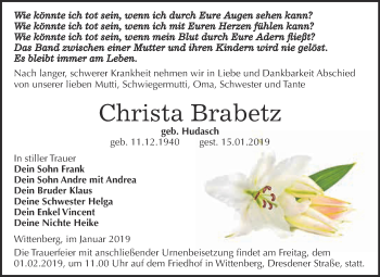 Traueranzeige von Christa Brabetz von WVG - Wochenspiegel Wittenberg