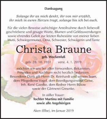 Traueranzeige von Christa Braune von WVG - Wochenspiegel Dessau / Köthen