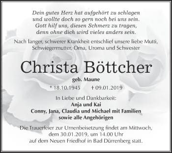 Traueranzeige von Christa Böttcher von Super Sonntag Merseburg