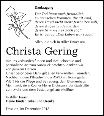 Traueranzeige von Christa Gering von Super Sonntag SGH Mansf. Land