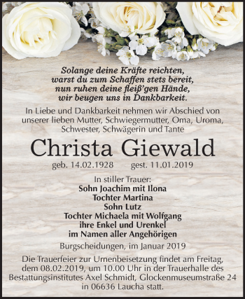 Traueranzeige von Christa Giewald von Mitteldeutsche Zeitung