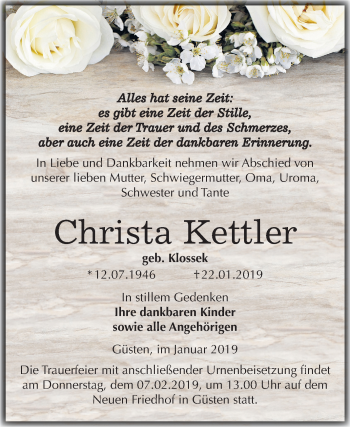 Traueranzeige von Christa Kettler von Mitteldeutsche Zeitung Aschersleben
