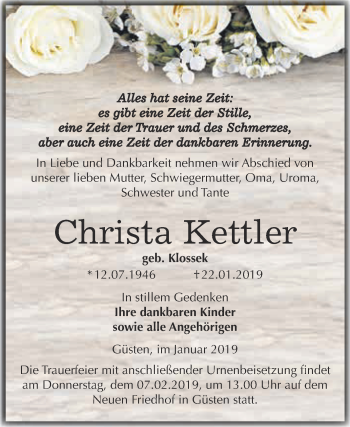 Traueranzeige von Christa Kettler von Super Sonntag Bernburg