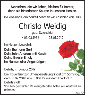 Traueranzeige von Christa Weidig von Mitteldeutsche Zeitung Weißenfels