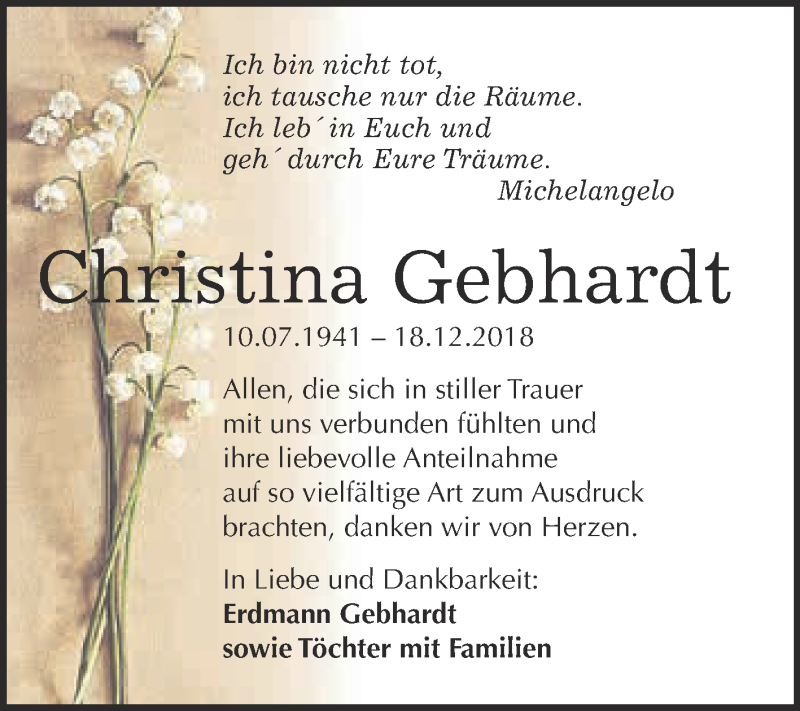  Traueranzeige für Christina Gebhardt vom 30.01.2019 aus WVG - Wochenspiegel NMB / WSF / ZTZ