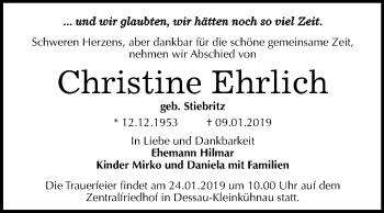 Traueranzeige von Christine Ehrlich von WVG - Wochenspiegel Dessau / Köthen